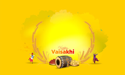Happy Vaisakhi creative. Indian Punjabi sikh Baisakhi festival background. Typography with wheat background and bhangra dance.