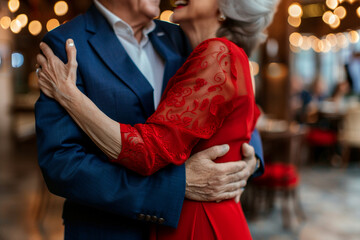 An elegant elderly woman in a red dress and a man in a blue suit dance happily at a party in a restaurant.