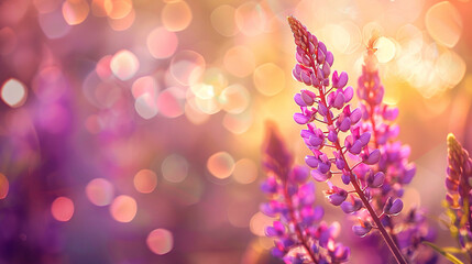 Pink lupins in the garden in golden hour against golden bokeh natural background.