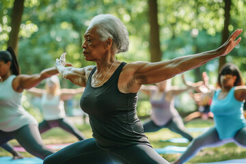 A group of senior African American women practicing yoga in a summer park. Healthy lifestyle. Happy retirement.