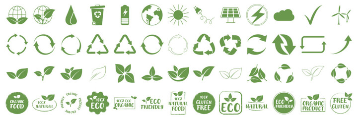 Organic and Eco vector icons. Big set of Eco, Organic, Gluten free, Eco friendly, 100 %, natural food vector logo