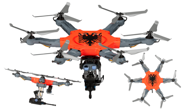 Fleet of Drones Adorned with Albania Flag Colors Displayed on Black