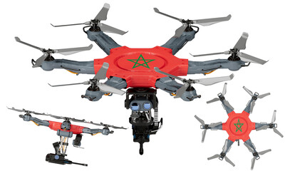 Fleet of Drones Adorned with Morocco Flag Colors Displayed on Black