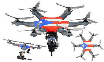 Fleet of Drones Adorned with Puerto rico Flag Colors Displayed on Black