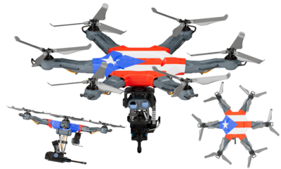 Fleet of Drones Adorned with Puerto rico Flag Colors Displayed on Black