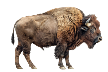 Side view of full lenght standing adult buffalo isolated on a clipped PNG transparent background