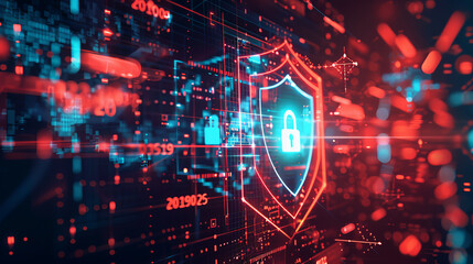Obraz premium A glowing shield symbolizing cybersecurity with dynamic digital lines in the background,ai generated