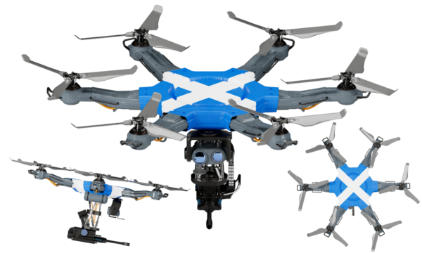 Fleet of Drones Adorned with Scotland Flag Colors Displayed on Black