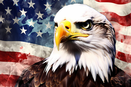 Powerful bald eagle head overlaid on a rustic American flag, symbolizing patriotism