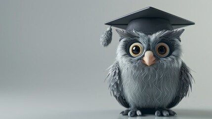 A cartoon owl wearing a graduation cap. The owl is looking at the camera with a serious expression