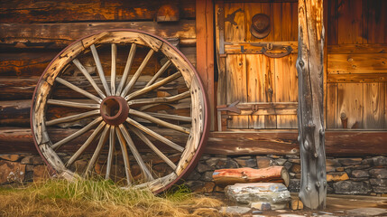 Obraz premium Old wooden wagon wheel in front of a rustic log cabin.