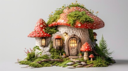 A house made of mushrooms and moss sits on a rocky hillside. The house is small and cozy, with a door that leads to a garden. The garden is filled with various plants and flowers