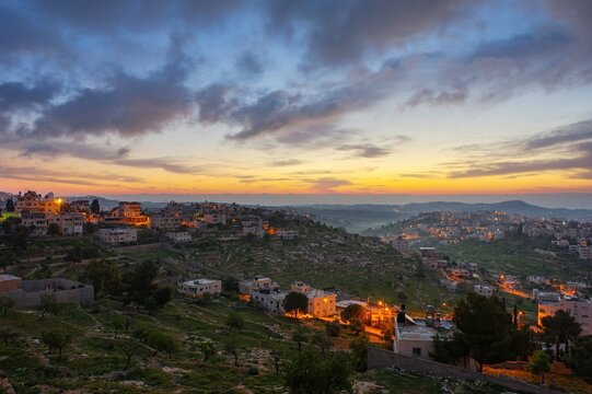 Sunrise in Palestine, a peaceful landscape at dawn. night lights in old historical biblical city Bethlehem in palestine region in Israel. Bethlehem city at the morning.