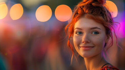 Portrait of young beautiful girl with red bun hairstyle against colorful bokeh background.