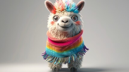 Fototapeta premium A colorful llama wearing a multicolored scarf. The llama is smiling and he is happy