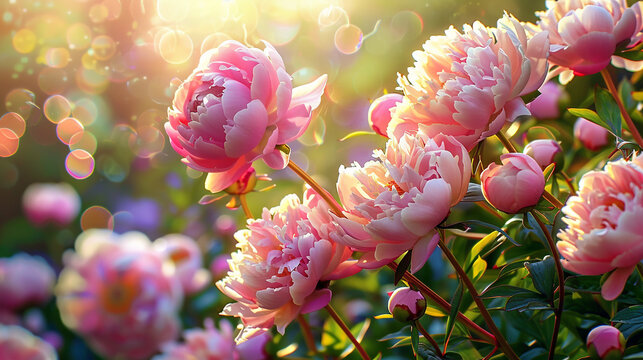 Beautiful pink peony blooms in a sunlit garden with bokeh lighting effects
