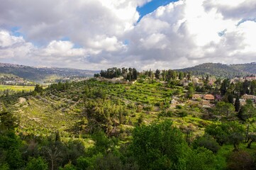 View of green Judean hills around Ein Kerem neighborhood - biblical birth place of John the...
