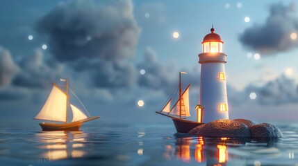 A lighthouse is on a rock in the ocean, with a sailboat in the background. The scene is peaceful and serene, with the lighthouse providing a sense of safety and guidance for the boat - obrazy, fototapety, plakaty