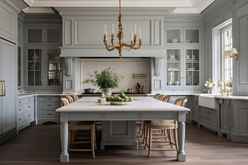 Timeless Georgian Kitchen: Elegant Lighting, Classic Furniture, and Interior Design Inspirations - obrazy, fototapety, plakaty