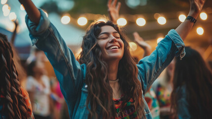 A happy beautiful young girl with long hair enjoys a summer music festival at night. - obrazy, fototapety, plakaty