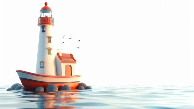 A small boat is floating in the ocean next to a lighthouse. The lighthouse is white and red, and the boat is painted red and white. The scene is peaceful and serene, with the boat