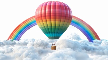 Naklejka premium A hot air balloon is floating in the sky above a rainbow. The balloon is filled with a colorful gas and is surrounded by a cloud of white. The scene is whimsical and playful, evoking a sense of joy