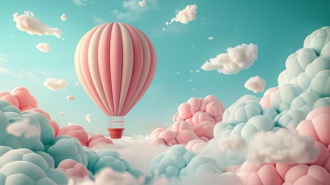 A pink and white hot air balloon is floating in the sky above a cloudy backdrop. The balloon is the main focus of the image, and it is floating effortlessly above the clouds