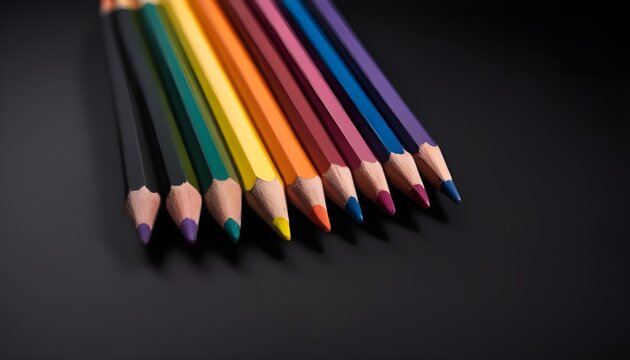 Close up of rainbow coloured pencils with copy space on black background