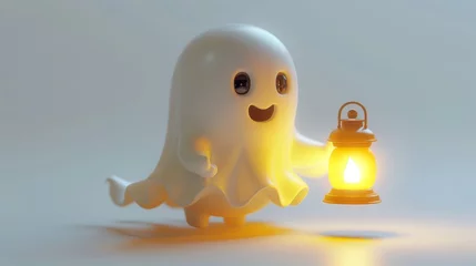  A ghostly figure holding a lantern is smiling and appears to be happy. The lantern is lit, casting a warm glow on the ghost. The scene is set in a dark, eerie atmosphere © Sodapeaw