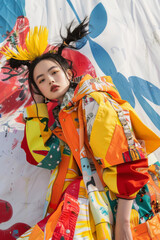 Avant-garde fashion Asian female model. Woman poses in avant-garde silhouettes, bold prints, experimental textures, pushing boundaries of conventional fashion and expressing creativity and innovation