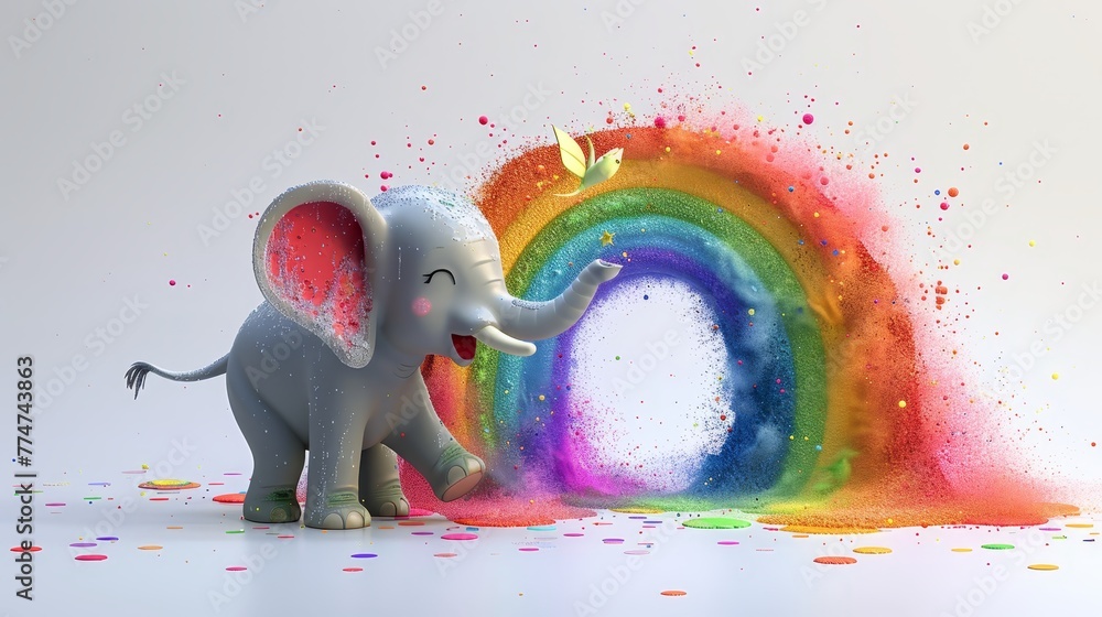 Poster a cartoon elephant is standing in front of a rainbow, with a butterfly flying behind it. the elephan