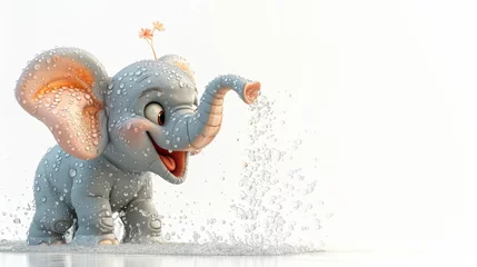 Tuinposter A cartoon elephant is standing in the snow, spraying water from its trunk. The elephant appears to be happy and playful, as it enjoys the snow and the water. The scene is whimsical and lighthearted © Sodapeaw
