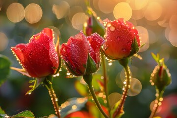 Three Red Roses With Water Droplets