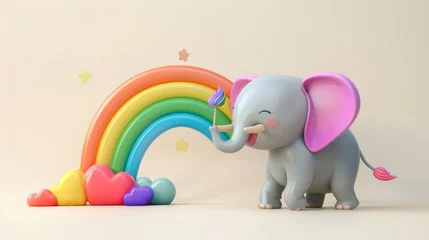 Zelfklevend Fotobehang A cartoon elephant is standing in front of a rainbow, holding a pink flower. The scene is playful and whimsical, with the elephant's big eyes and smile adding to the cheerful atmosphere © Sodapeaw