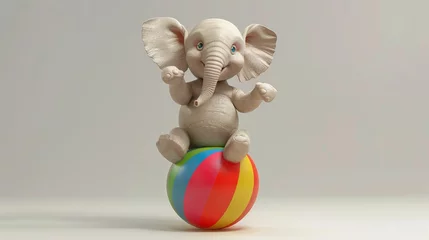 Foto op Canvas A small elephant is sitting on top of a colorful ball. The elephant is smiling and he is enjoying itself. The scene is playful and lighthearted © Sodapeaw