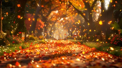 Raamstickers A magical autumn scene with vibrant falling leaves and a glowing pathway through a forest © weerasak