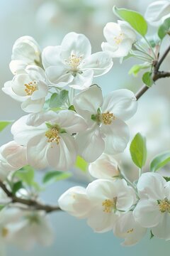 Lush apple tree in full bloom, close-up on white blossoms, soft natural light. ai generated