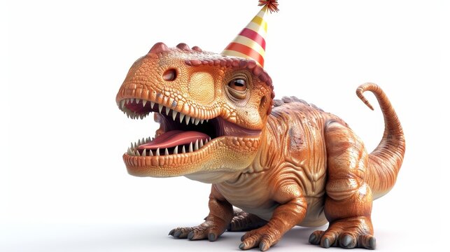 A dinosaur with a party hat on its head. The dinosaur is smiling and he is having a good time