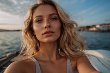A blonde woman with long hair is sitting on a boat and taking a selfie - obrazy, fototapety, plakaty