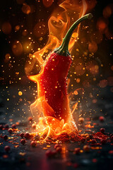 Illustration of spices, red chili pepper, and real fire, unusual picture. Beautiful background.