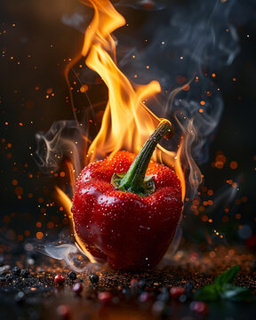 Naklejki Illustration of spices, red chili pepper, and real fire, unusual picture. Beautiful background.