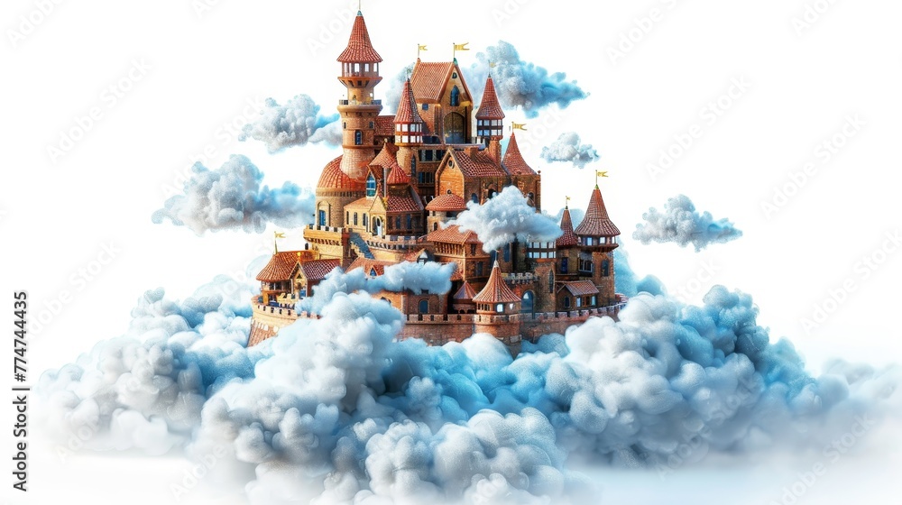 Poster a castle is floating in the sky with clouds surrounding it. the castle is made of stone and has a to