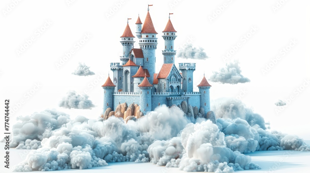 Poster a castle is floating in the sky with clouds surrounding it. the castle is made of stone and has a re