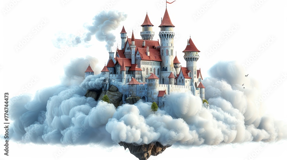 Aufkleber a castle is floating in the sky with clouds surrounding it. the castle is made of red bricks and has