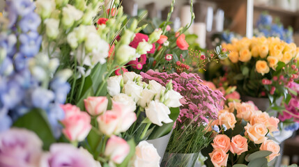 Colorful bouquets of flowers for sale at a flower shop