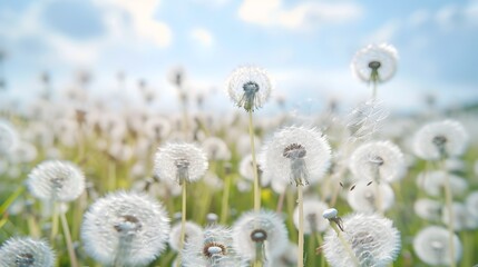Soft Dreamy Dandelion Field with Fluffy White Seed Heads Evoking a Sense of Whimsy and Lightness