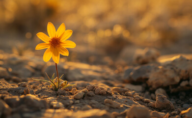 A single yellow flower blooming amidst a dry and rocky landscape, symbolizing resilience and hope.