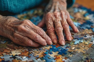 The hands of elderly people solve a puzzle in a nursing home. Prevention of Alzheimer's disease and dementia. - obrazy, fototapety, plakaty