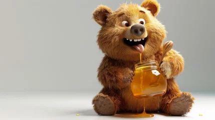 Fototapete A cartoon bear is sitting on a table with a jar of honey in its mouth. The bear is smiling and he is enjoying the honey. The scene is lighthearted and playful, with the bear's exaggerated features © Sodapeaw