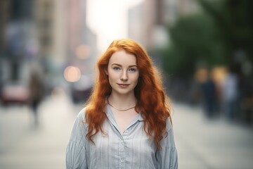 A woman with red hair stands on a city street